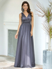 Graues Abendkleid Polyester V-Ausschnitt A-Linie ärmellose rückenfreie plissierte bodenlange Hochzeitsgastkleider