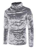 Graues Velour T-Shirt Rollkragenpullover Regular Fit Langarm-T-Shirt