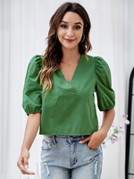 Grüne Bluse für Frauen Plissee V-Ausschnitt Lässig Halbarm Polyester Übergroßes T-Shirt