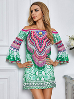 Grüne Maxikleider für Damen Mittellange Ärmel Blumendruck Bateau Neck Bodycon Open Shoulder Long Dress
