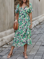 Grüne Maxikleider Frauen Kurzarm V-Ausschnitt Blumendruck Boho Kleid mit Blumenmuster