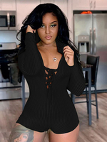 Grüne Overalls für Damen Halfter mit langen Ärmeln Schnürung Cupless Cotton Blend Skinny Outfit
