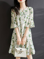 Grüne Skaterkleider Jewel Neck Kurzarm Summer Fit And Flare Kleid Midi Tunika Kleid