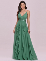 Grünes Abendkleid A-Linie V-Ausschnitt Ärmellose rückenfreie Schärpe bodenlange Chiffon-Brautkleider