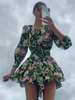 Grünes Sommerkleid Juwelenhals Langarm Blumendruck Muster Mini Strandkleid Sommerkleid