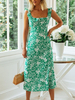 Grünes Sommerkleid Strandkleid mit quadratischem Hals und Blumenmuster