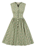 Grünes Vintage-Kleid 1950er-Jahre-Knöpfe mit V-Ausschnitt; ärmelloses; knielanges Swing-Kleid mit Blumendruck