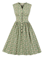 Grünes Vintage-Kleid 1950er-Jahre-Knöpfe mit V-Ausschnitt; ärmelloses; knielanges Swing-Kleid mit Blumendruck