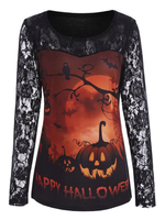 Halloween Black Tees bedruckte Spitze Jewel Neck Polyester Shirt für Frauen