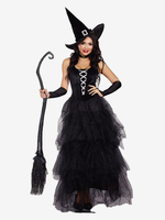 Halloween Hexe Kostüme für Frauen Schwarz Polyester Scary Langes Kleid Hut Urlaub Kostüme Komplettset、