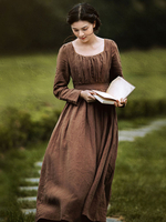 Halloween Kostüm Braunes Maxikleid Frauen Empire Cut Regency Kleid Leinen Square Ausschnitt der 1790er Jahre Jane Austen Kostüm Halloween Faschingskostüme
