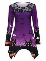 Halloween Lila T-Shirts Frauen Juwel Hals Spitze gedruckt unregelmäßige Langarm T-Shirt