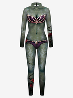 Halloween-Overall für Frauen dunkelgrüner Trikot-Druck-Muster Skeleton Scary Lycra Spandex Catsuit Zentai
