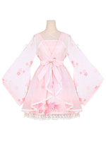 Hanfu Lolita Outfits OP Einteiliges Kleid Chiffon Soft Pink Langarm Rüschen Bedruckt Cover Up Mit JSK Pullover Rock