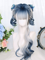 Harajuku Fashion Lolita Perücken Blau Lang Hitzebeständige Faser Hervorhebung Haar Lolita Accessoires