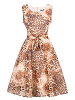 Hübsches Faltenkleid aus Chiffon mit Rundkragen und Schnüren und Leopard-Korn Optik