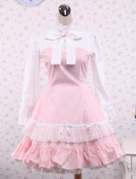 Hübsches Lolita Kleid aus Baumwolle mit langen Ärmeln und Spitzen in Rosa