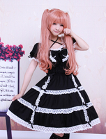 Hübsches Lolita Kleid aus Baumwolle mit viereckigem Ausschnitt und Spitzen im klassischen & traditionellen Style in Schwarz