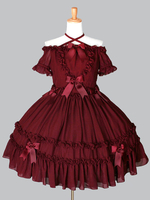 Hübsches Lolita Kleid mit Bateau-Kragen und kurzen Ärmeln gotisch und Schleife in Burgunderrot