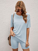 Hellblaue zweiteilige Sets für Frauen Polyester Jewel Neck Langarm Bluse Shorts Casual Outfit