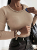 Hellbraune Pullover für Damen Metalldetails Juwelenhals Langarm Unregelmäßige Pullover aus Polyester-Baumwolle