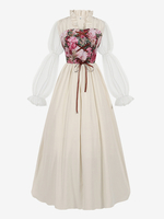 Helles Aprikosen-Retro-Kostüm mit Blumendruck Kleid Vintage-Party- und Abschlussballkleid