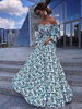 Helles Himmelblau Maxikleider Halbarm Ärmel Blumendruck Muster Bateau Neck Polyester Langes Kleid