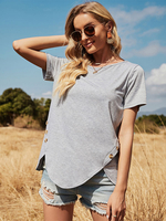 Hellgraues T-Shirt für Frauen Polyester Paspel V-Ausschnitt Sommer Oversized T-Shirt