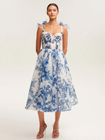 Hellhimmelblaues Korsettkleid mit Bindeband und Blumenmuster A-Linie elegante Party- und Abschlussballkleider in Midilänge