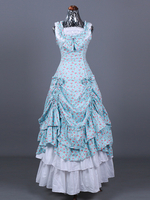 Hellhimmelblaues Retro-Kostüm für Damen Blumendruck Rüschen Plissee Polyester-Set Marie-Antoinette-Kostüm Retro-Kostüm aus dem 18. Jahrhundert