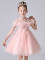 Hellrosa Blumenmädchenkleider Jewel Neck Polyester Kurze Ärmel Knielang A-Linie Blumen Kinder Partykleider