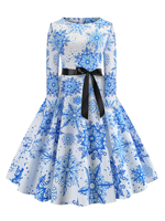 Hellschiefergrau Rockabilly Kleid mit Print und langen Ärmeln und Rundkragen 1950er Jahre Polyester Petticoat Kleid