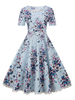 Hellschiefergrau Rockabilly Kleid mit Streifen und Spitzen und kurzen Ärmeln und Rundkragen 1950er Jahre gemischten Baumwollen Petticoat Kleid