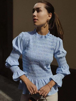 Hemd für Damen hellblau Polyester Rundhalsausschnitt lässig kariert plissiert lange Ärmel