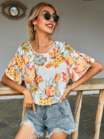 Hemd für Frauen Baby Blue Blumendruck Jewel Neck Casual Kurzarm Polyester Sommer T-Shirt