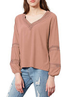 Hemd für Frauen Erröten Rosa Polyester V-Ausschnitt Lässig ausgeschnitten Langarm Tops