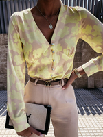 Hemd für Frauen Gelb Polyester V-Ausschnitt Bohemian Blumendruck Langarm Tops