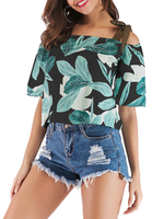 Hemd für Frauen Grün bedruckt Bateau Neck Casual Kurzarm Chiffon Tops