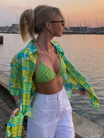 Hemd für Frauen Grünes Polyester-Turndown-Kragen-Stretch-Casual-Karomuster-Paspelierung mit halben Ärmeln Sommerhemd