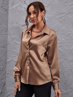 Hemd für Frauen Kaffee Braun Polyester Umlegekragen Stretch Casual Knöpfe Lange Ärmel Sommerhemd