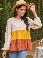 Hemd für Frauen Orange Farbe Block Plissee Rüschen Juwelenhals Lässig Langarm Polyester Übergroßes T-Shirt