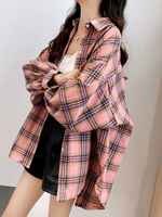Hemd für Frauen Pink Plaid Turndown Collar Langarm Baumwollhemden
