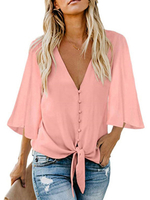 Hemd für Frauen Rosa V-Ausschnitt halbe Ärmel Polyester lässig Sommer Tops