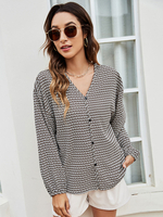 Hemd für Frauen Schwarz Geometrische übergroße Knöpfe V-Ausschnitt Lässig Langarm Polyester Tops