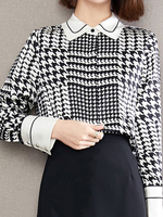 Hemd für Frauen Schwarz Plaid Jewel Neck Lässig Langarm Polyester Tops