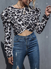 Hemd für Frauen Schwarzer Polyester Juwelenhals Lässig Blumendruck Leopardenmuster Langarm Tops