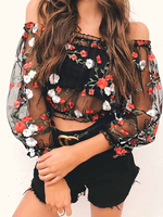 Hemd für Frauen Schwarzes Blumendruckmuster Offene Schulter Gestickt Plissee Bateau Neck Lässig Langarm Polyester Tops