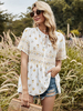 Hemd für Frauen Weißes Blumenmuster Plissee Schnürung Juwelenhals Lässig Kurzarm Polyester Übergroßes T-Shirt