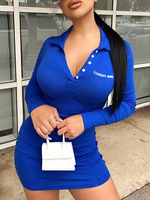 Hemdkleider Blaue Polyester-Baumwolle Langarm-Turndown-Kragen Bodycon Sommerkleid Minikleid