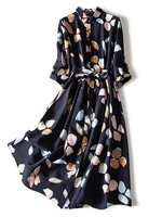 Hemdkleider Dark Navy Turndown Kragen Knöpfe Langarm Polyester Midi Kleid